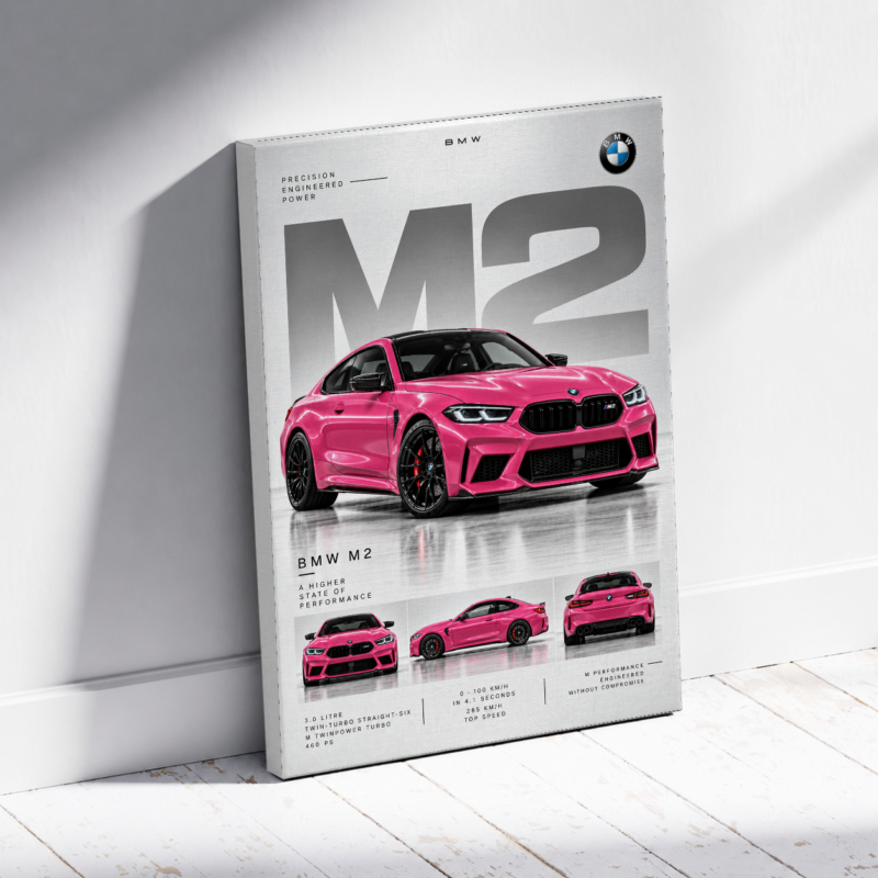 Canvas wall art featuring a vivid pink BMW M2 with front, side and rear views