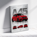 Canvas wall art featuring a red Mercedes A45 W176 with front, side and rear views