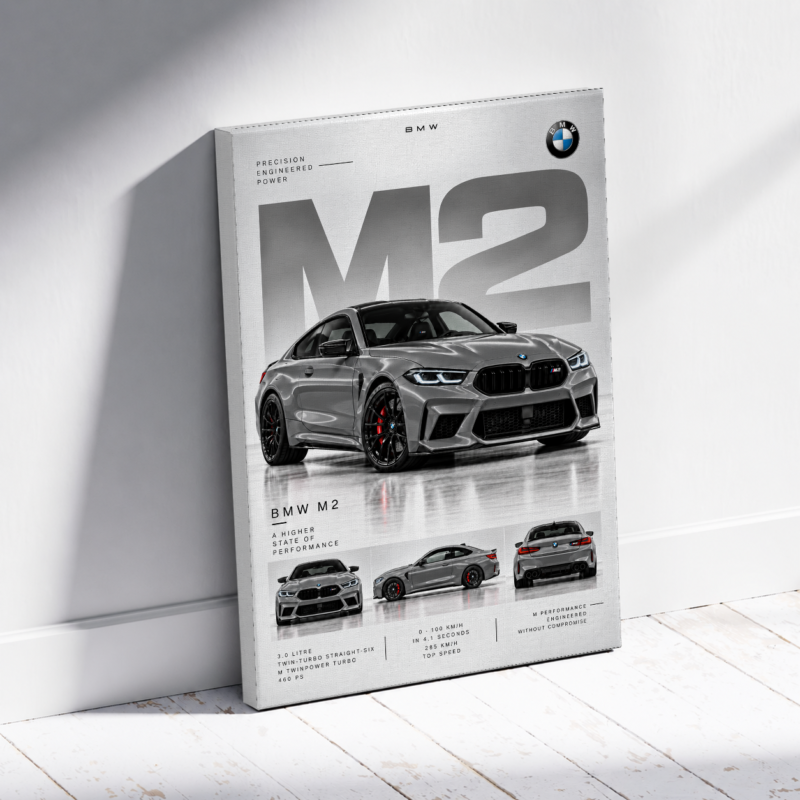 Grey canvas print featuring a BMW M2 with large M2 lettering and front, side and rear views