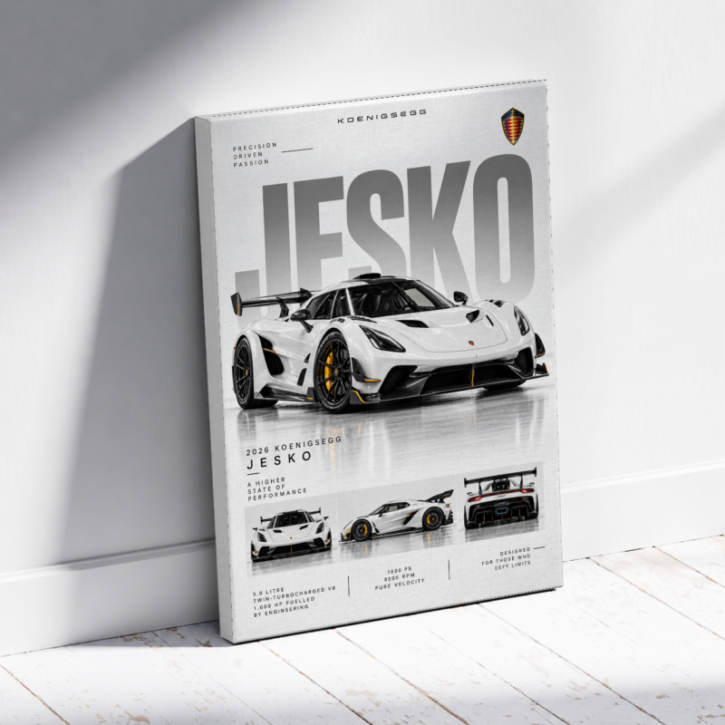 Canvas print featuring a white Koenigsegg Jesko with bold JESKO lettering and smaller car views