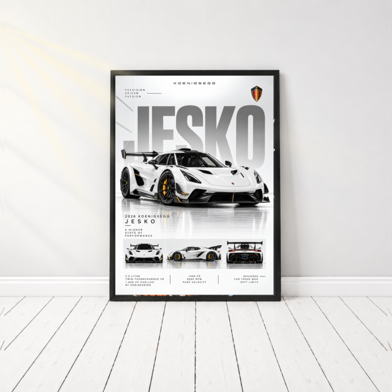 Black framed Jesko print featuring a white Koenigsegg supercar