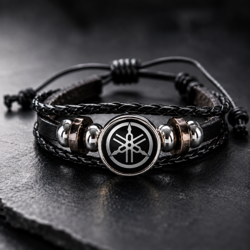 Yamaha black leather motorcycle bracelet with braided strap